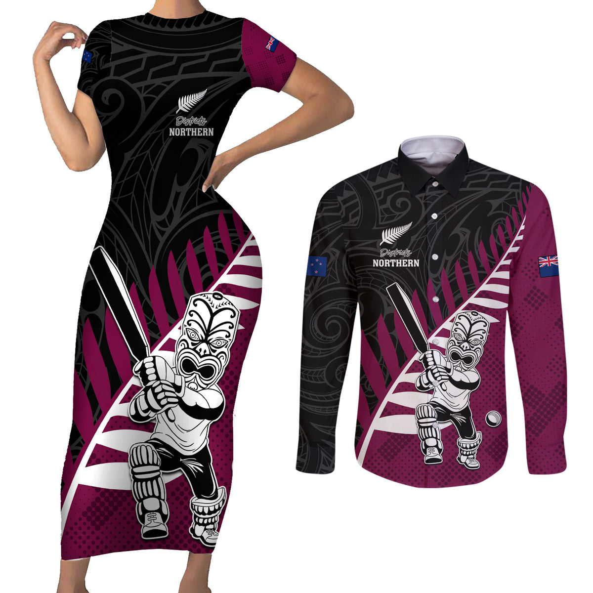 Custom New Zealand Northern Districts Cricket Couples Matching Short Sleeve Bodycon Dress and Long Sleeve Button Shirt With Maori Pattern LT05 Maroon - Polynesian Pride