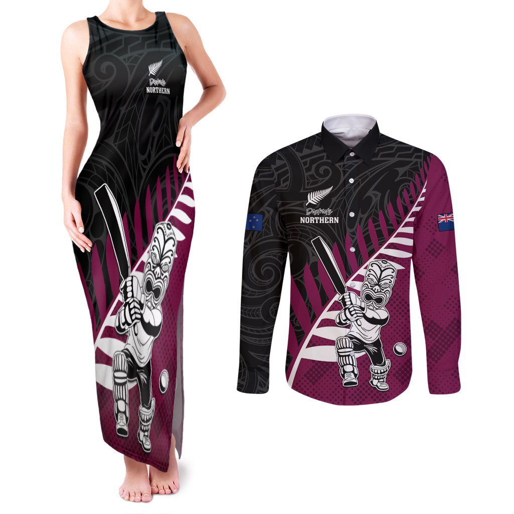 Custom New Zealand Northern Districts Cricket Couples Matching Tank Maxi Dress and Long Sleeve Button Shirt With Maori Pattern LT05 Maroon - Polynesian Pride