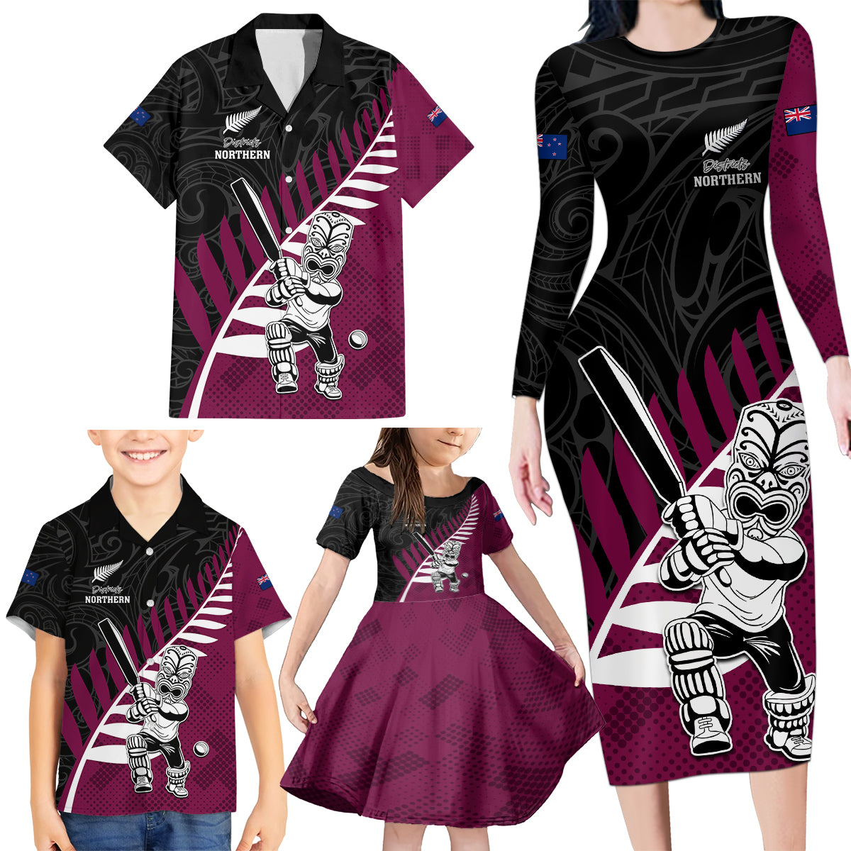 Custom New Zealand Northern Districts Cricket Family Matching Long Sleeve Bodycon Dress and Hawaiian Shirt With Maori Pattern LT05 - Polynesian Pride