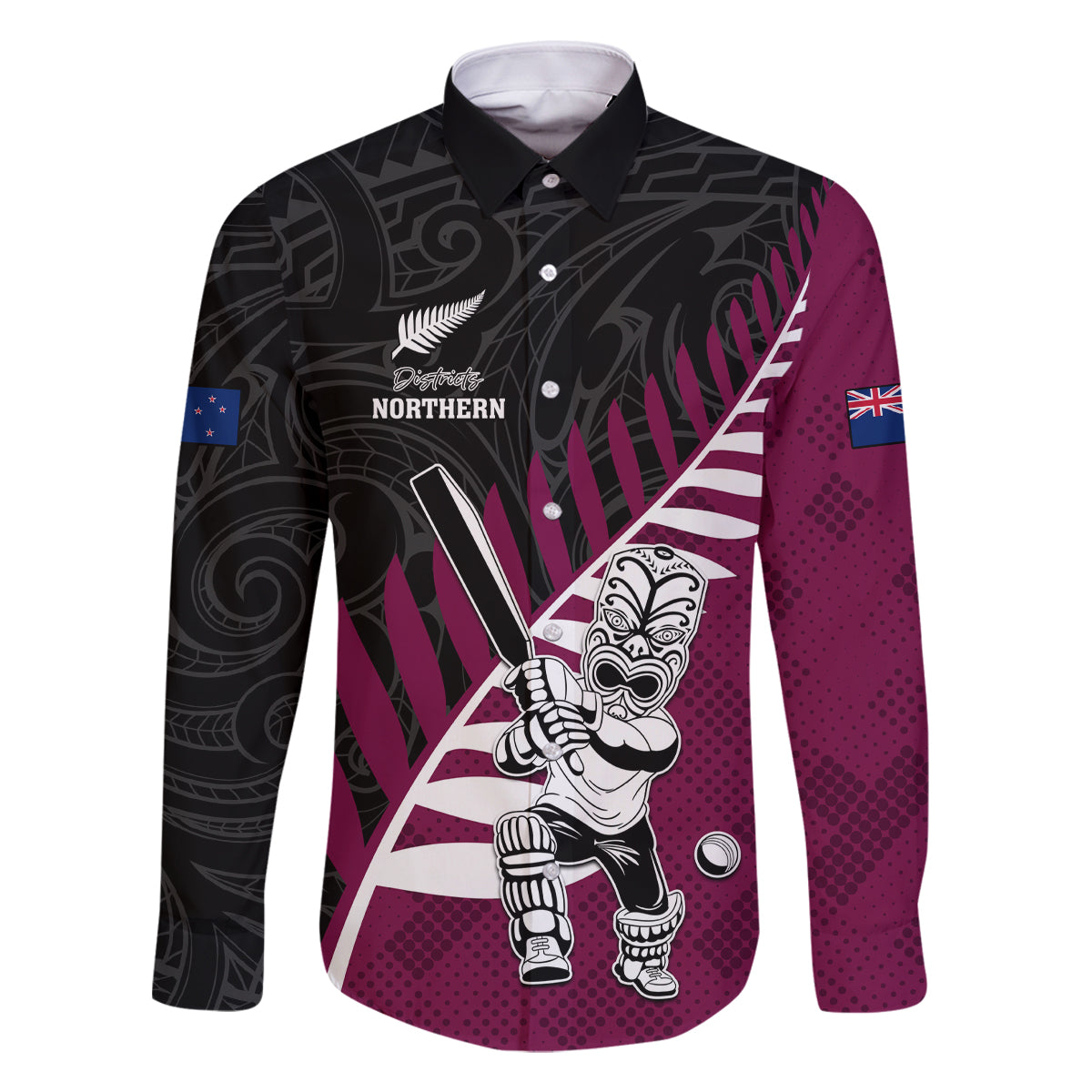 Custom New Zealand Northern Districts Cricket Family Matching Long Sleeve Bodycon Dress and Hawaiian Shirt With Maori Pattern LT05 Dad's Shirt - Long Sleeve Maroon - Polynesian Pride