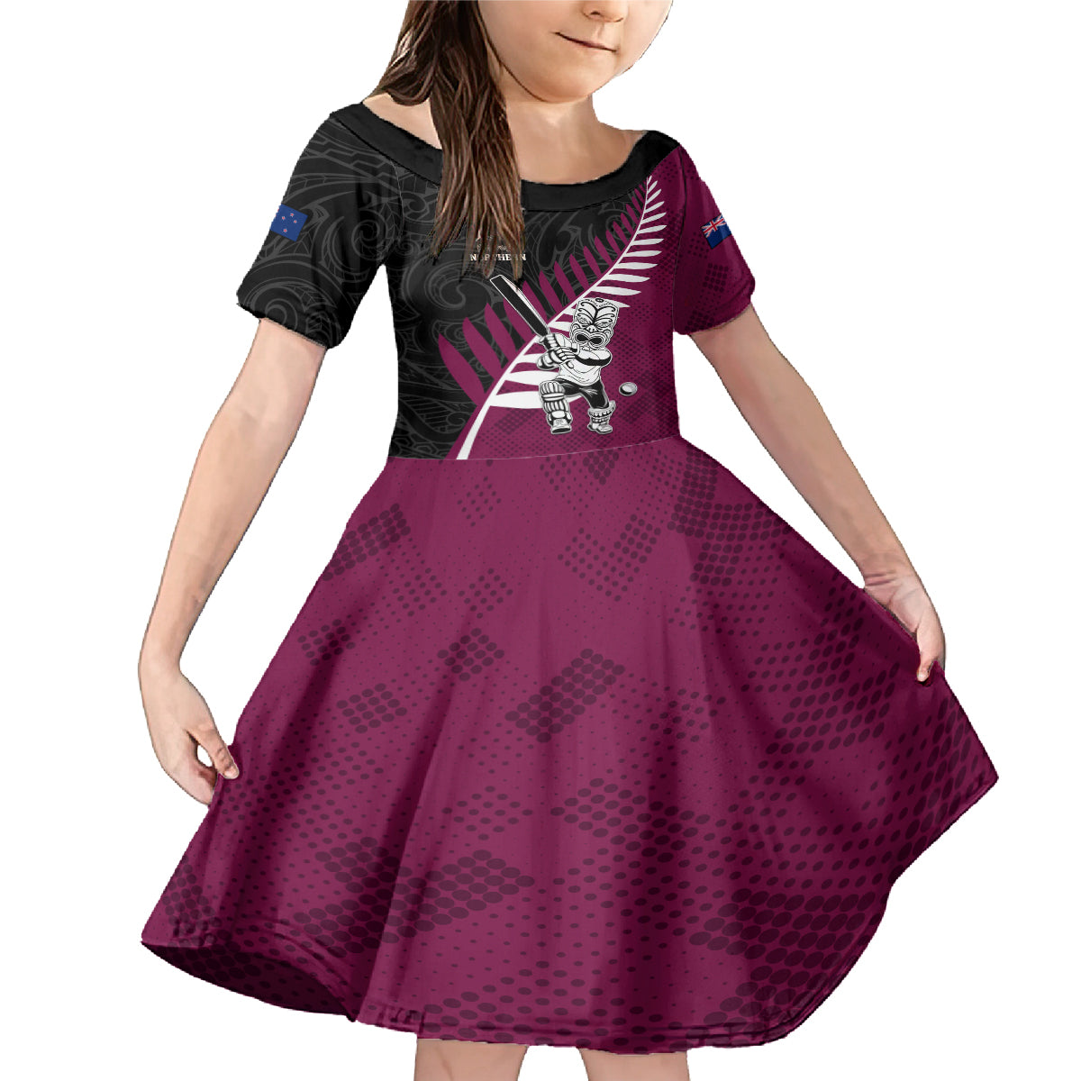 Custom New Zealand Northern Districts Cricket Family Matching Mermaid Dress and Hawaiian Shirt With Maori Pattern LT05 Daughter's Dress Maroon - Polynesian Pride