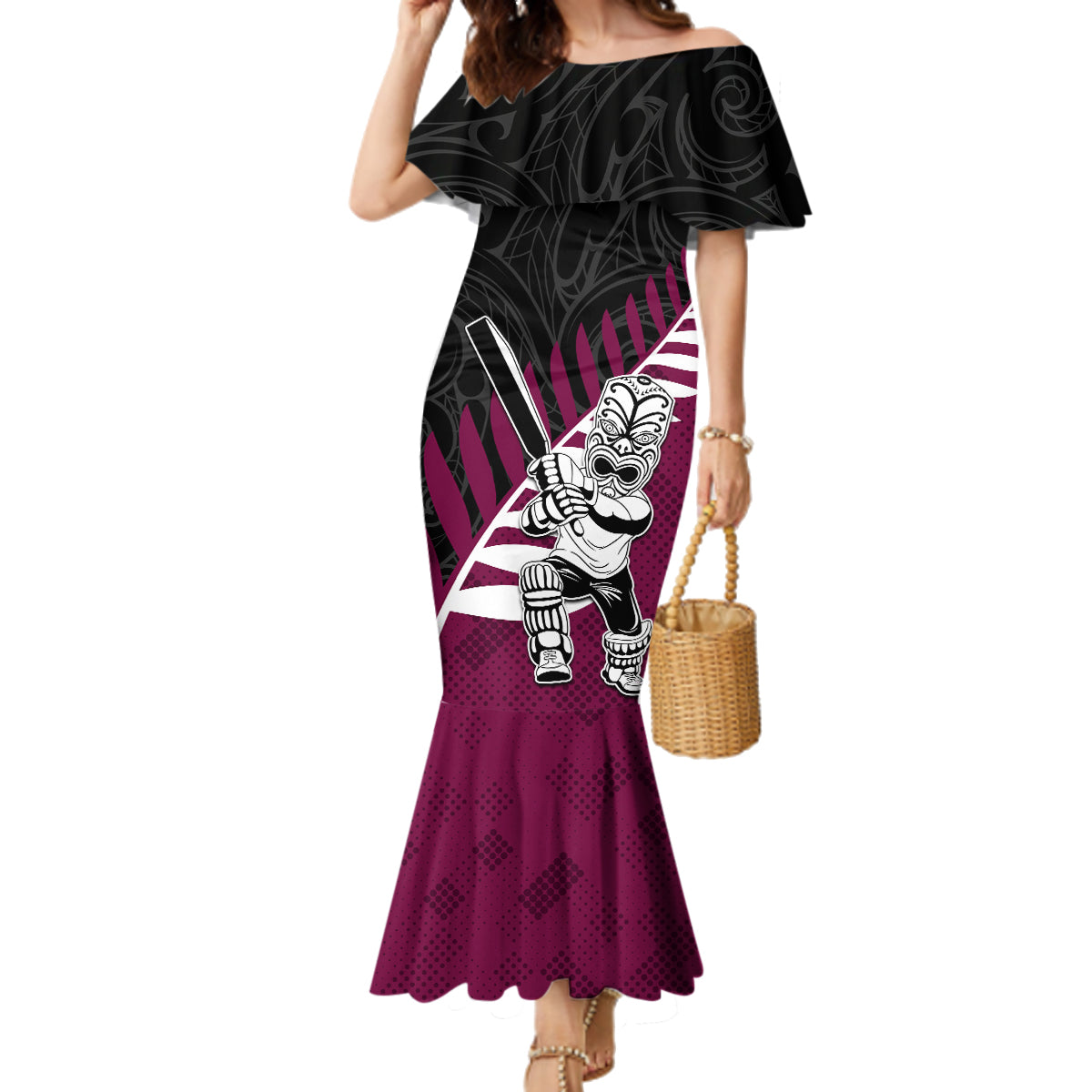 Custom New Zealand Northern Districts Cricket Family Matching Mermaid Dress and Hawaiian Shirt With Maori Pattern LT05 Mom's Dress Maroon - Polynesian Pride