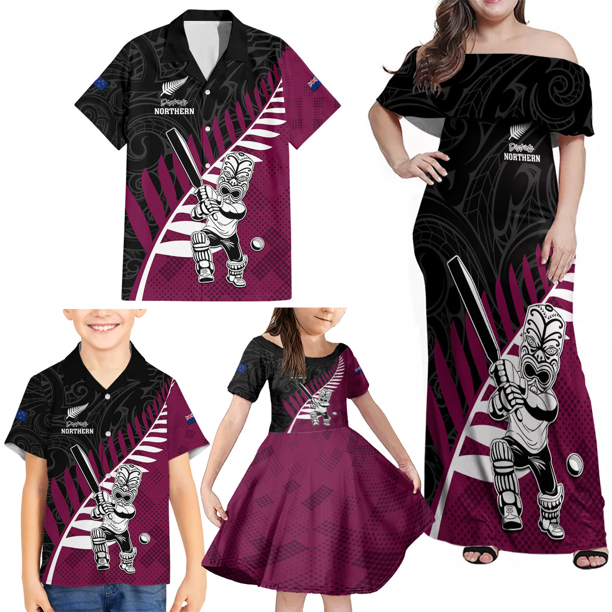 Custom New Zealand Northern Districts Cricket Family Matching Off Shoulder Maxi Dress and Hawaiian Shirt With Maori Pattern LT05 - Polynesian Pride