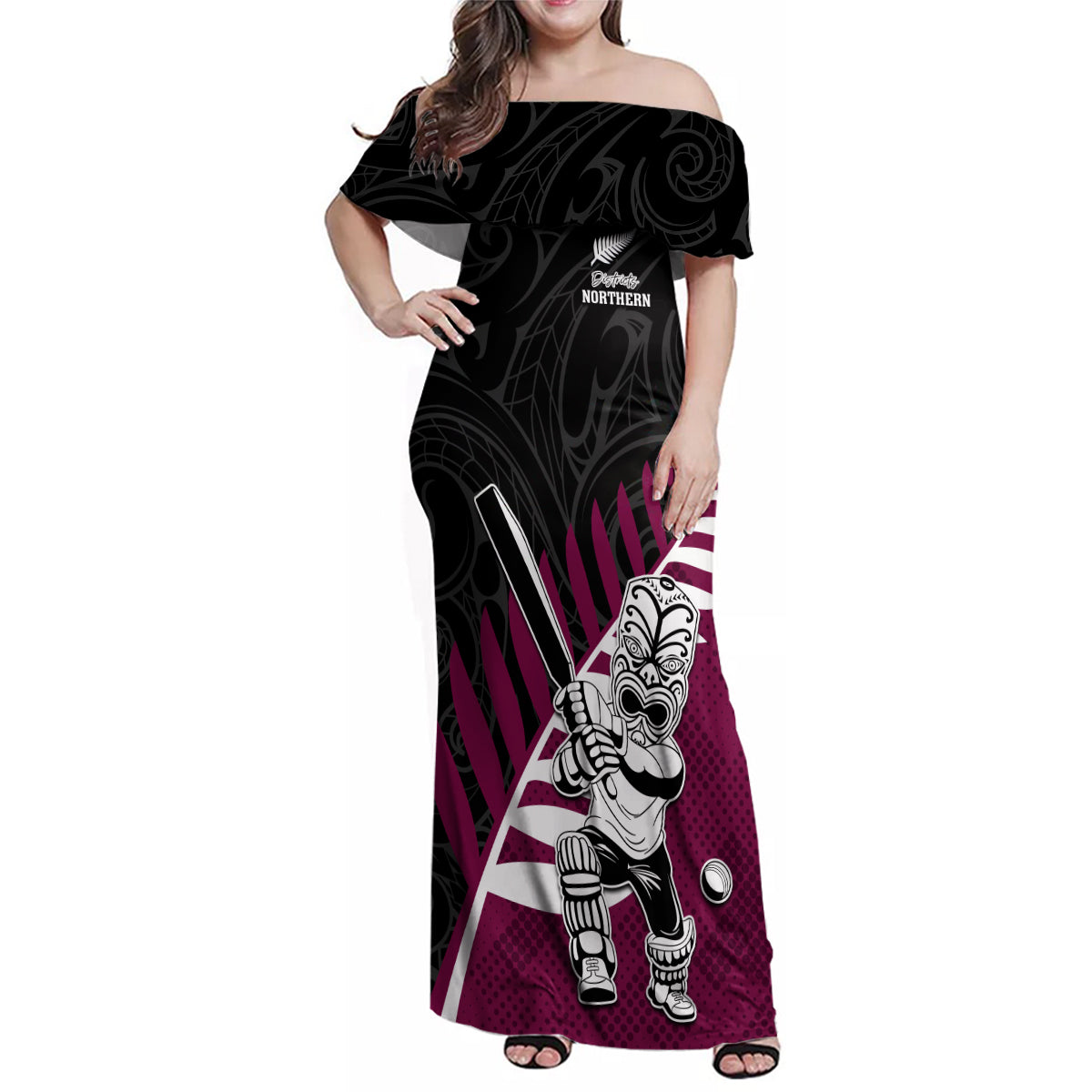 Custom New Zealand Northern Districts Cricket Family Matching Off Shoulder Maxi Dress and Hawaiian Shirt With Maori Pattern LT05 Mom's Dress Maroon - Polynesian Pride