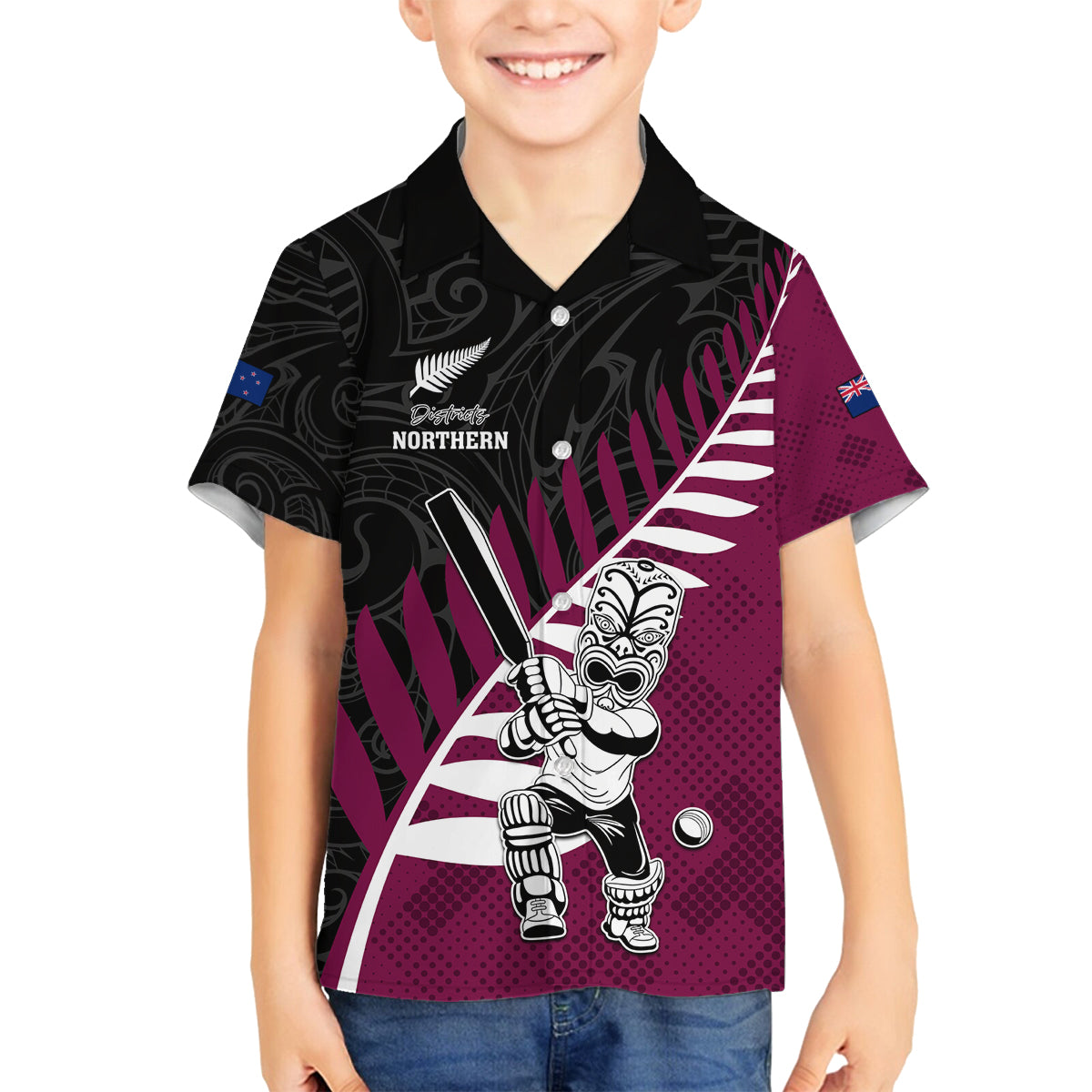 Custom New Zealand Northern Districts Cricket Family Matching Off Shoulder Short Dress and Hawaiian Shirt With Maori Pattern LT05 Son's Shirt Maroon - Polynesian Pride
