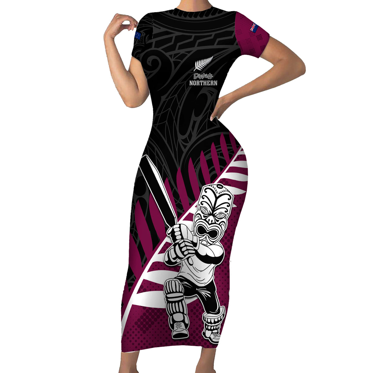 Custom New Zealand Northern Districts Cricket Family Matching Short Sleeve Bodycon Dress and Hawaiian Shirt With Maori Pattern LT05 Mom's Dress Maroon - Polynesian Pride