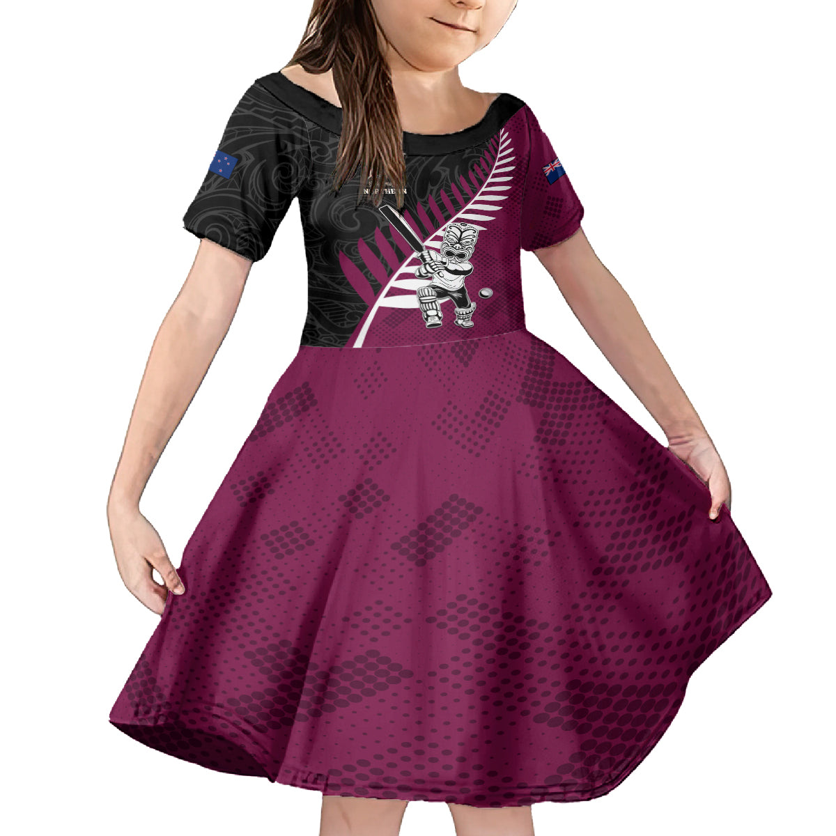 Custom New Zealand Northern Districts Cricket Family Matching Summer Maxi Dress and Hawaiian Shirt With Maori Pattern LT05 Daughter's Dress Maroon - Polynesian Pride