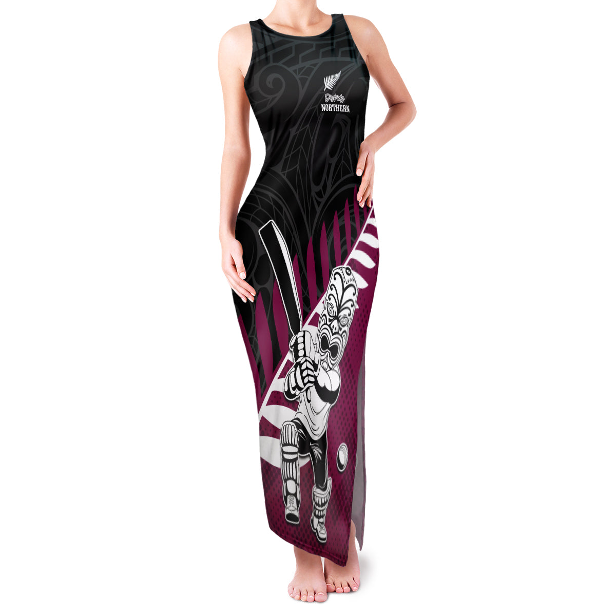 Custom New Zealand Northern Districts Cricket Family Matching Tank Maxi Dress and Hawaiian Shirt With Maori Pattern LT05 Mom's Dress Maroon - Polynesian Pride