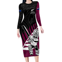 Custom New Zealand Northern Districts Cricket Long Sleeve Bodycon Dress With Maori Pattern LT05 Long Dress Maroon - Polynesian Pride