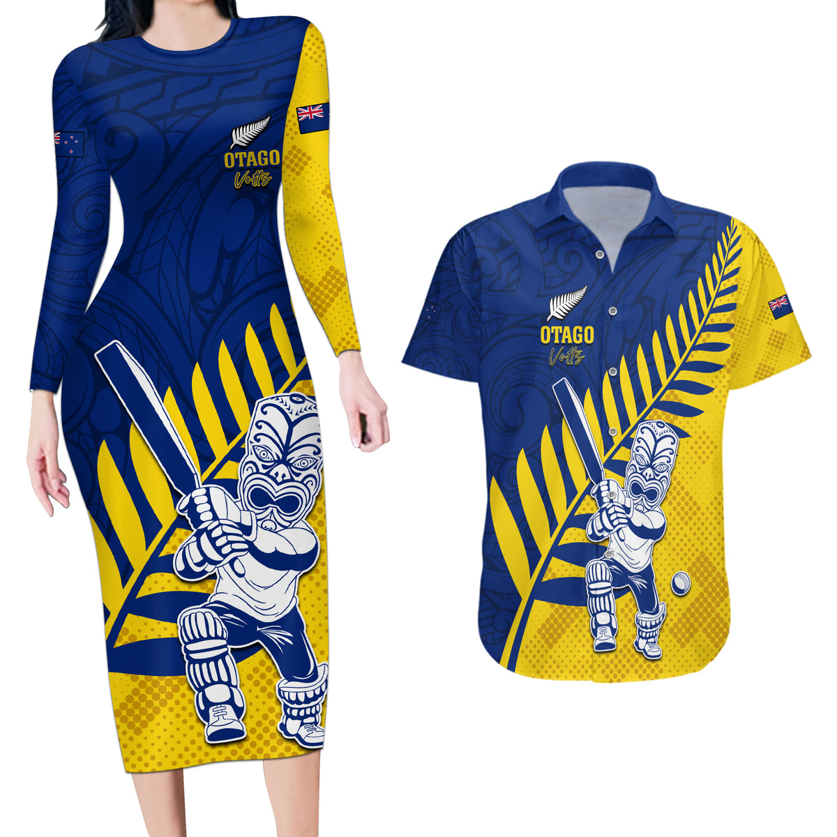 Custom New Zealand Otago Cricket Couples Matching Long Sleeve Bodycon Dress and Hawaiian Shirt With Maori Pattern LT05 Yellow - Polynesian Pride