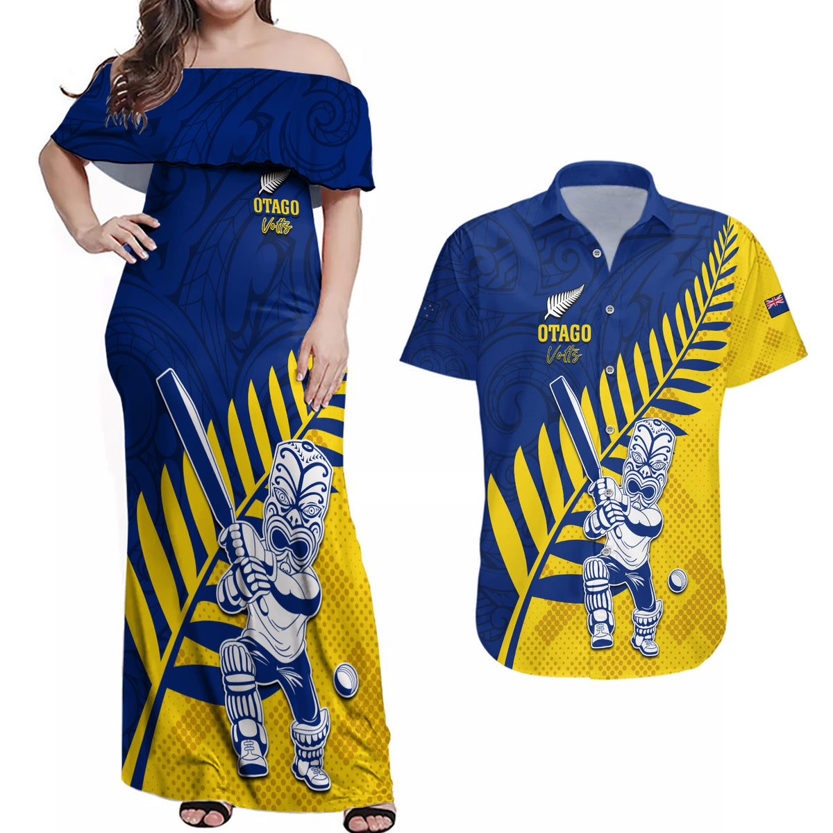 Custom New Zealand Otago Cricket Couples Matching Off Shoulder Maxi Dress and Hawaiian Shirt With Maori Pattern LT05 Yellow - Polynesian Pride