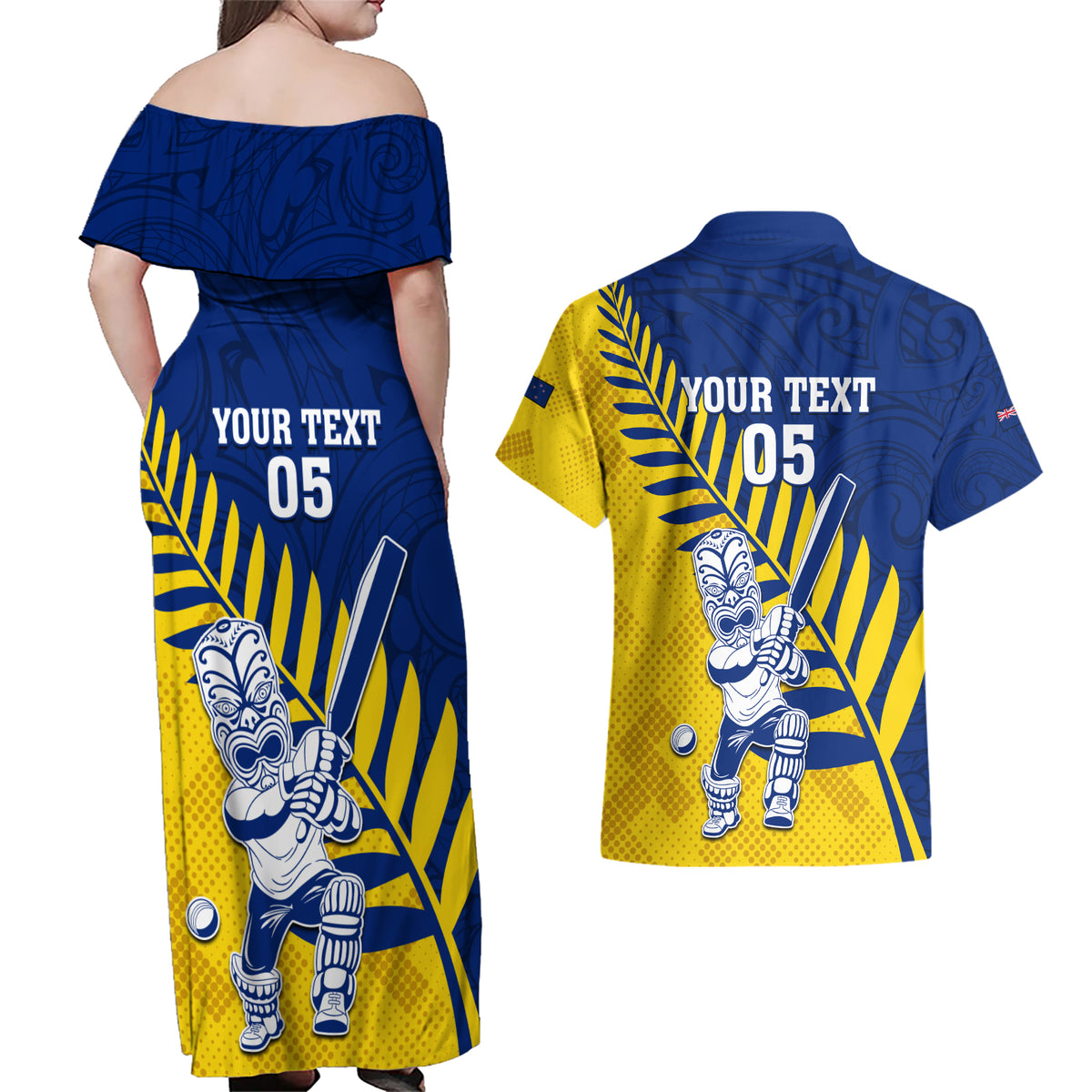Custom New Zealand Otago Cricket Couples Matching Off Shoulder Maxi Dress and Hawaiian Shirt With Maori Pattern LT05 - Polynesian Pride