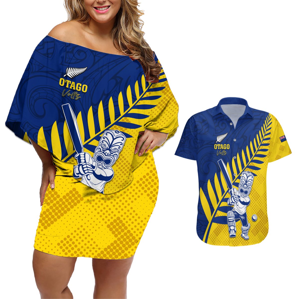 Custom New Zealand Otago Cricket Couples Matching Off Shoulder Short Dress and Hawaiian Shirt With Maori Pattern LT05 Yellow - Polynesian Pride
