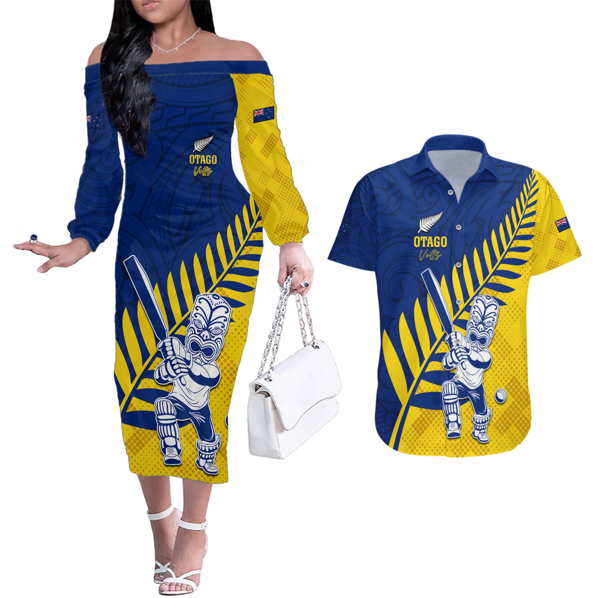 Custom New Zealand Otago Cricket Couples Matching Off The Shoulder Long Sleeve Dress and Hawaiian Shirt With Maori Pattern LT05 Yellow - Polynesian Pride