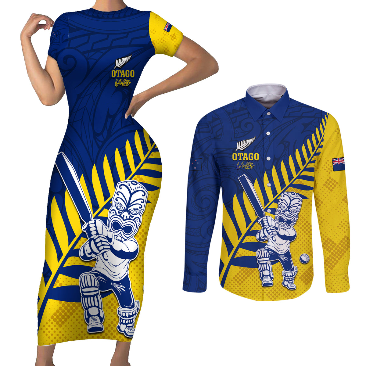 Custom New Zealand Otago Cricket Couples Matching Short Sleeve Bodycon Dress and Long Sleeve Button Shirt With Maori Pattern LT05 Yellow - Polynesian Pride