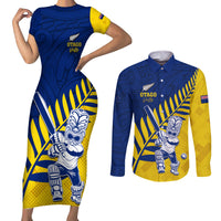 Custom New Zealand Otago Cricket Couples Matching Short Sleeve Bodycon Dress and Long Sleeve Button Shirt With Maori Pattern LT05 Yellow - Polynesian Pride