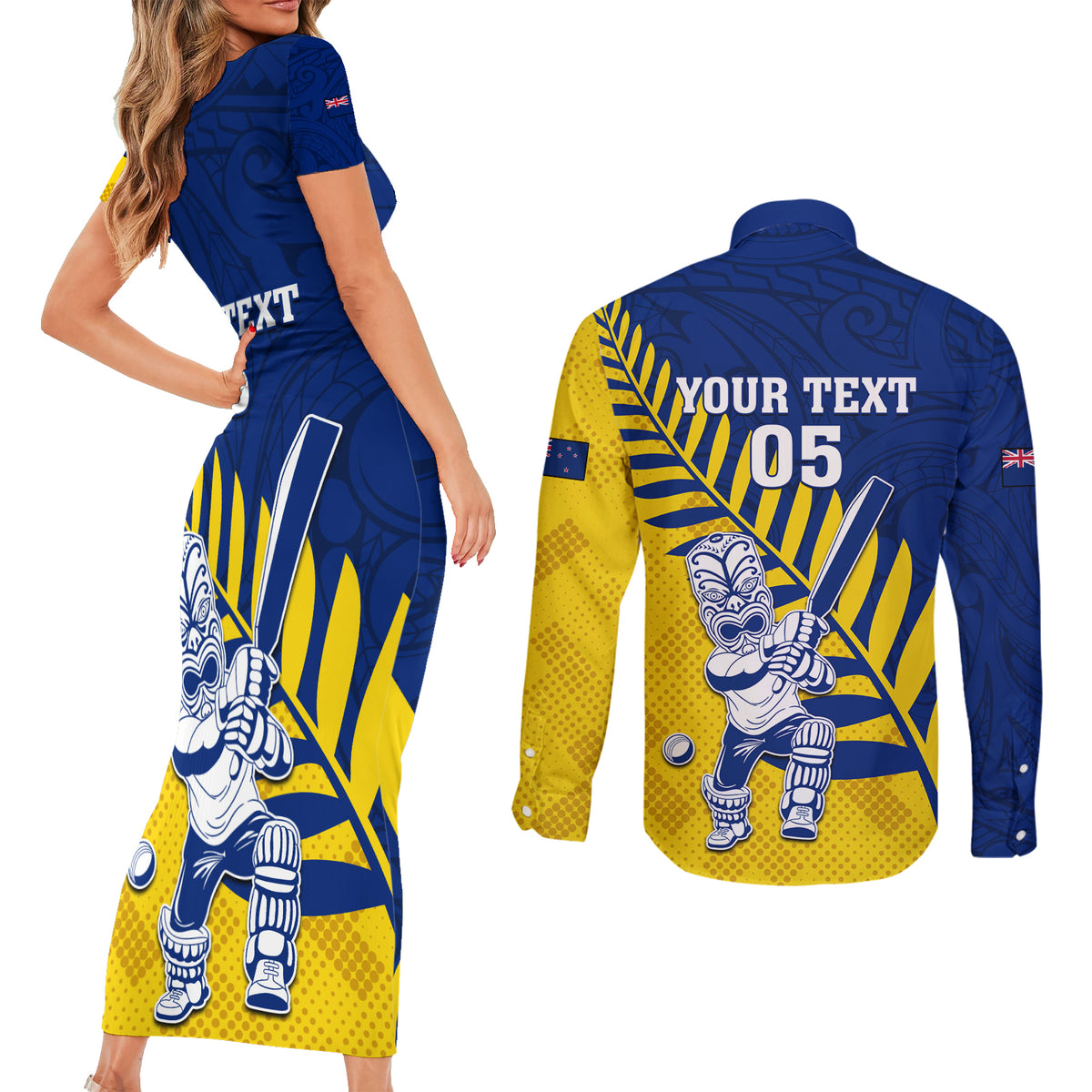 Custom New Zealand Otago Cricket Couples Matching Short Sleeve Bodycon Dress and Long Sleeve Button Shirt With Maori Pattern LT05 - Polynesian Pride