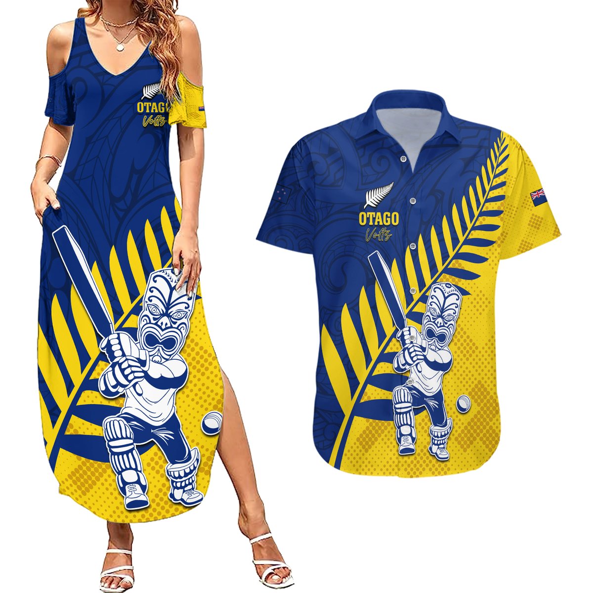 Custom New Zealand Otago Cricket Couples Matching Summer Maxi Dress and Hawaiian Shirt With Maori Pattern LT05 Yellow - Polynesian Pride