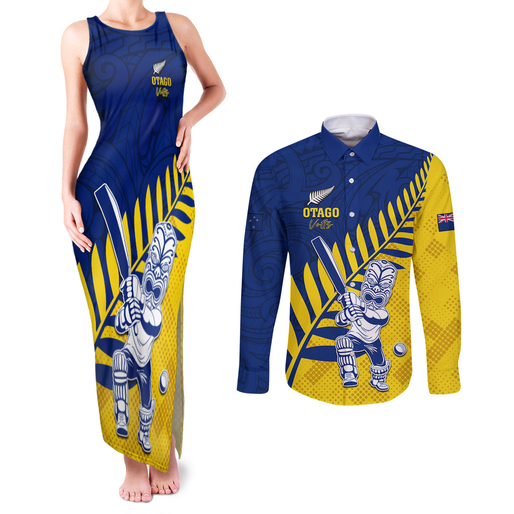 Custom New Zealand Otago Cricket Couples Matching Tank Maxi Dress and Long Sleeve Button Shirt With Maori Pattern LT05 Yellow - Polynesian Pride