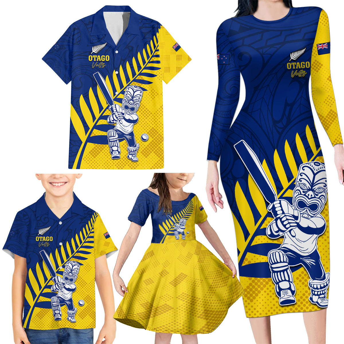Custom New Zealand Otago Cricket Family Matching Long Sleeve Bodycon Dress and Hawaiian Shirt With Maori Pattern LT05 - Polynesian Pride