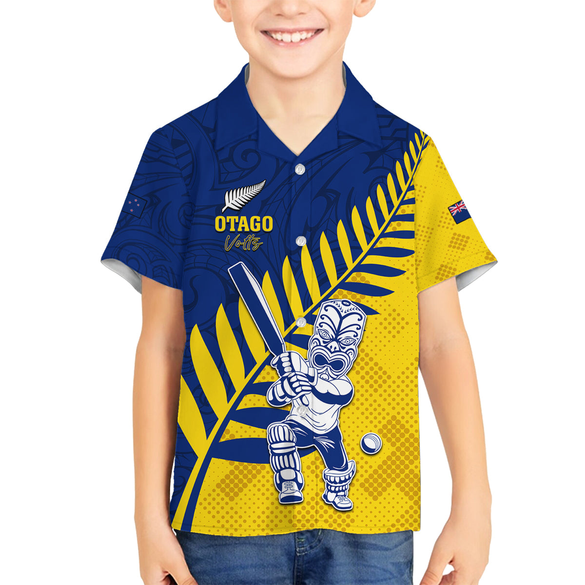 Custom New Zealand Otago Cricket Family Matching Off The Shoulder Long Sleeve Dress and Hawaiian Shirt With Maori Pattern LT05 Son's Shirt Yellow - Polynesian Pride