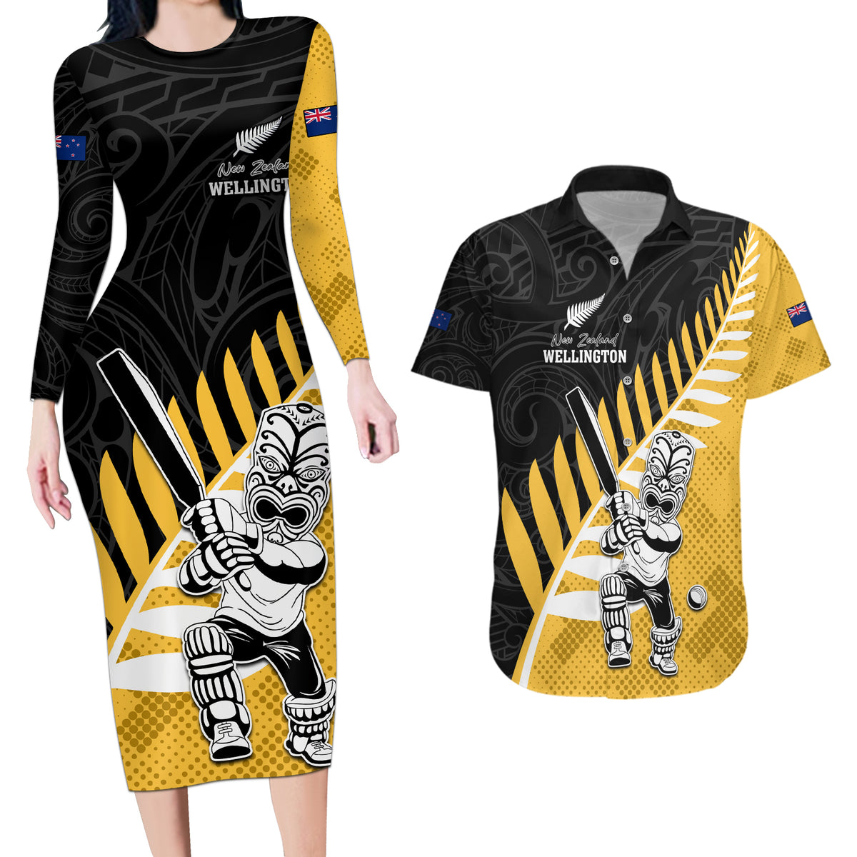 Custom New Zealand Wellington Cricket Couples Matching Long Sleeve Bodycon Dress and Hawaiian Shirt With Maori Pattern LT05 Yellow - Polynesian Pride