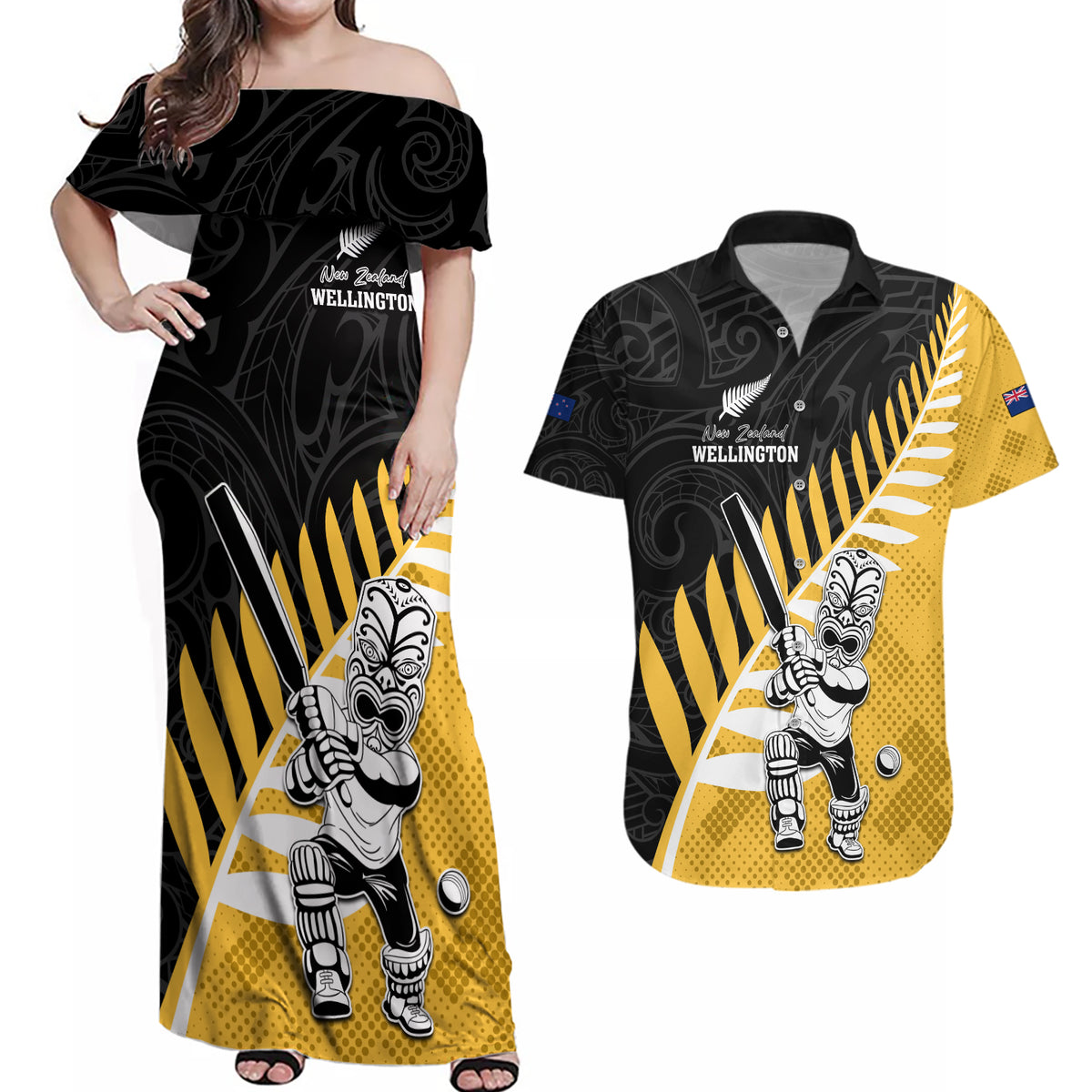 Custom New Zealand Wellington Cricket Couples Matching Off Shoulder Maxi Dress and Hawaiian Shirt With Maori Pattern LT05 Yellow - Polynesian Pride