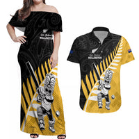 Custom New Zealand Wellington Cricket Couples Matching Off Shoulder Maxi Dress and Hawaiian Shirt With Maori Pattern LT05 Yellow - Polynesian Pride