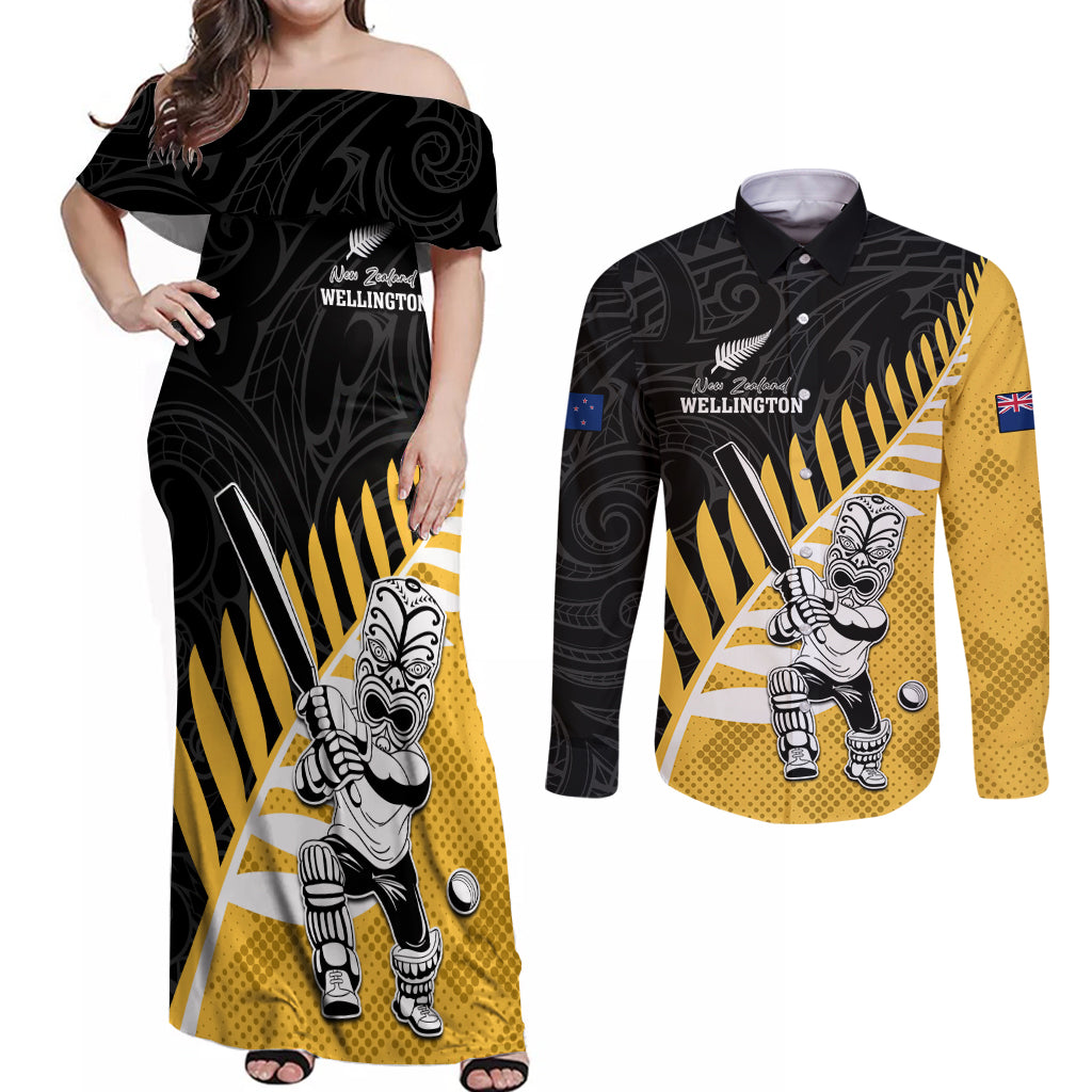 Custom New Zealand Wellington Cricket Couples Matching Off Shoulder Maxi Dress and Long Sleeve Button Shirt With Maori Pattern LT05 Yellow - Polynesian Pride
