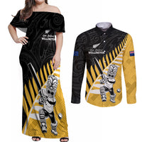 Custom New Zealand Wellington Cricket Couples Matching Off Shoulder Maxi Dress and Long Sleeve Button Shirt With Maori Pattern LT05 Yellow - Polynesian Pride