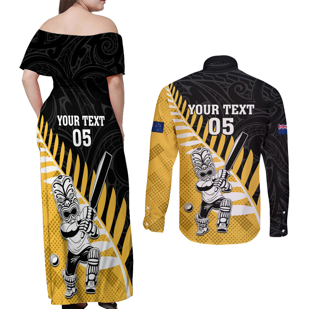 Custom New Zealand Wellington Cricket Couples Matching Off Shoulder Maxi Dress and Long Sleeve Button Shirt With Maori Pattern LT05 - Polynesian Pride