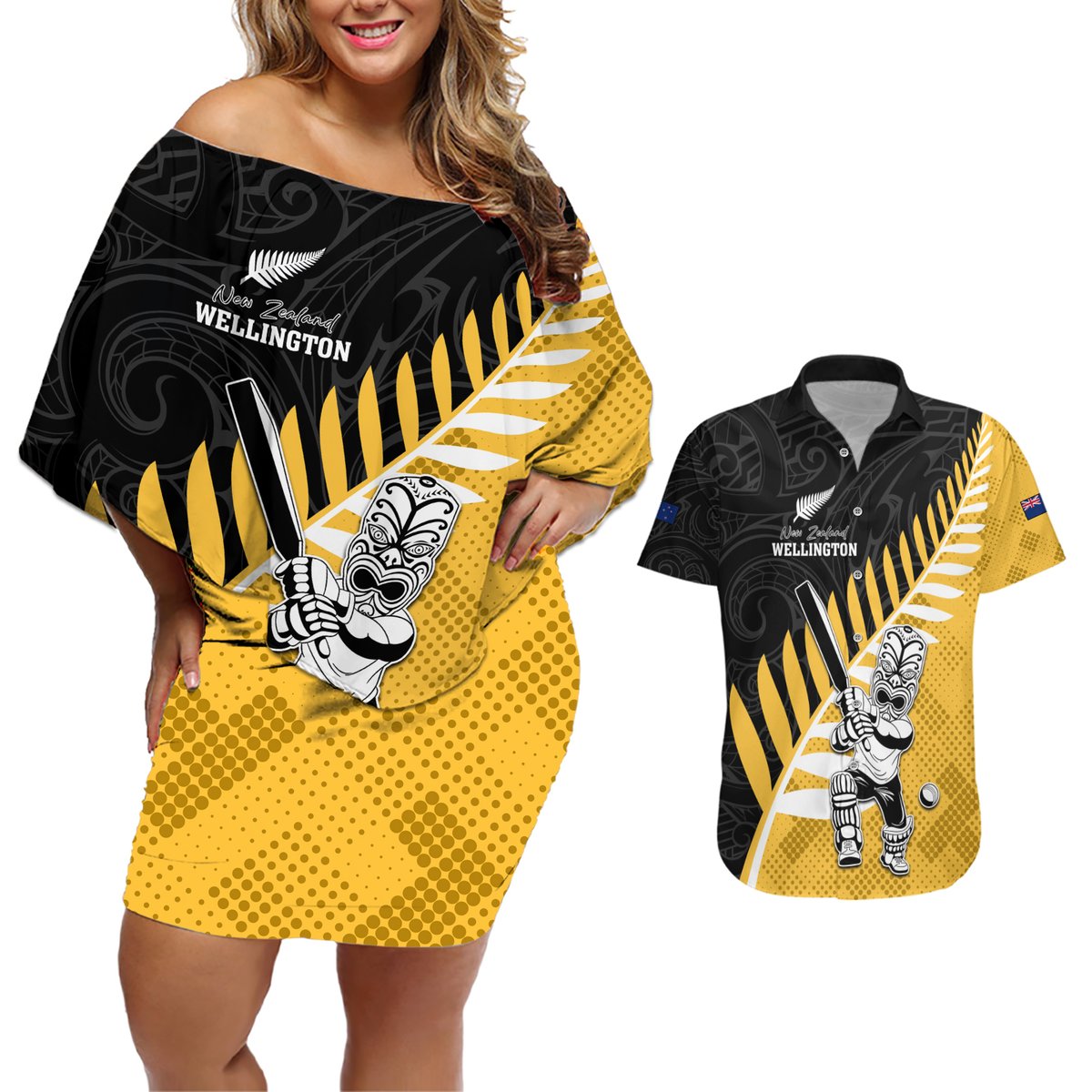 Custom New Zealand Wellington Cricket Couples Matching Off Shoulder Short Dress and Hawaiian Shirt With Maori Pattern LT05 Yellow - Polynesian Pride