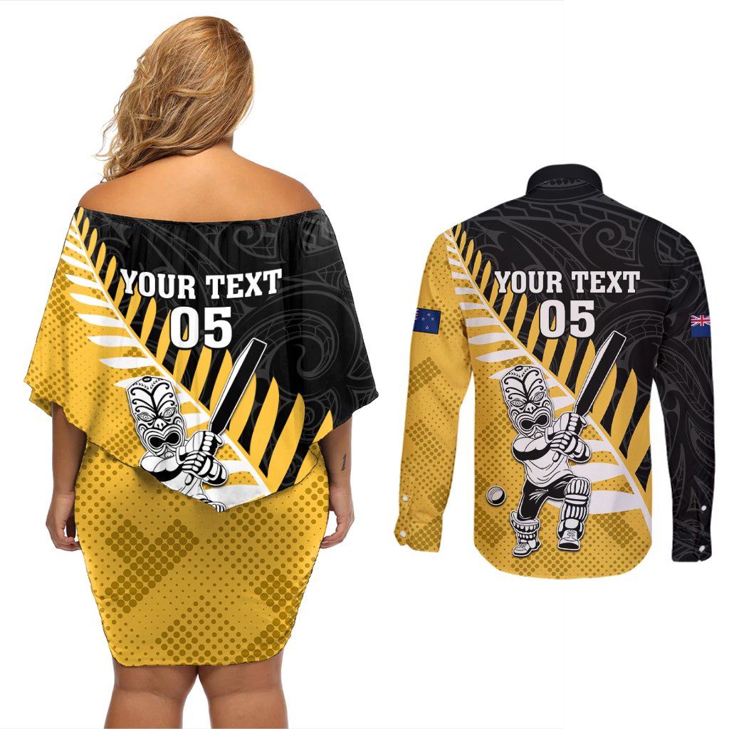 Custom New Zealand Wellington Cricket Couples Matching Off Shoulder Short Dress and Long Sleeve Button Shirt With Maori Pattern LT05 - Polynesian Pride