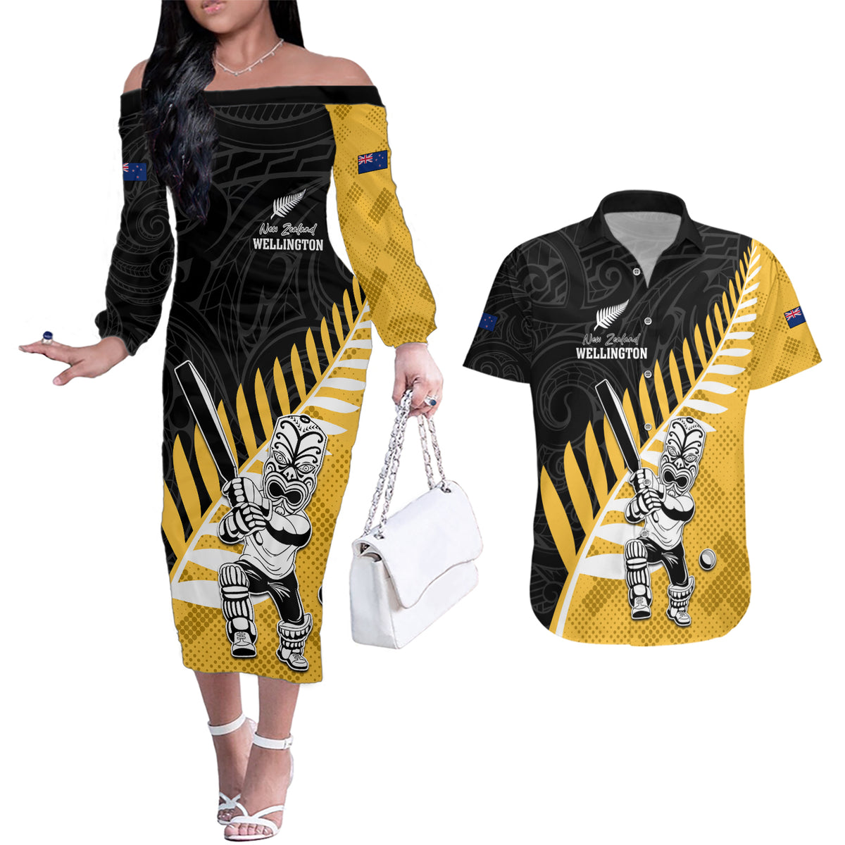 Custom New Zealand Wellington Cricket Couples Matching Off The Shoulder Long Sleeve Dress and Hawaiian Shirt With Maori Pattern LT05 Yellow - Polynesian Pride
