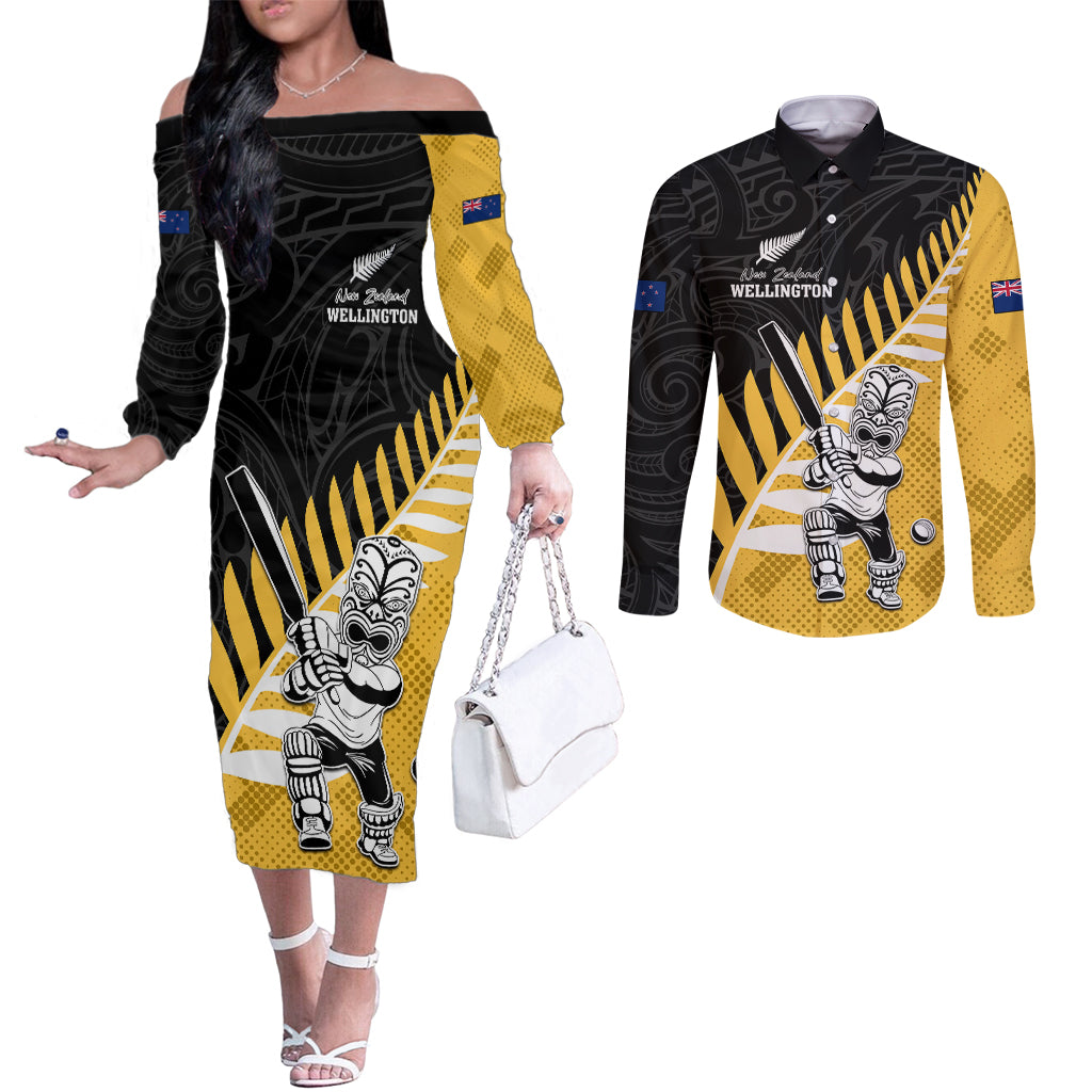 Custom New Zealand Wellington Cricket Couples Matching Off The Shoulder Long Sleeve Dress and Long Sleeve Button Shirt With Maori Pattern LT05 Yellow - Polynesian Pride