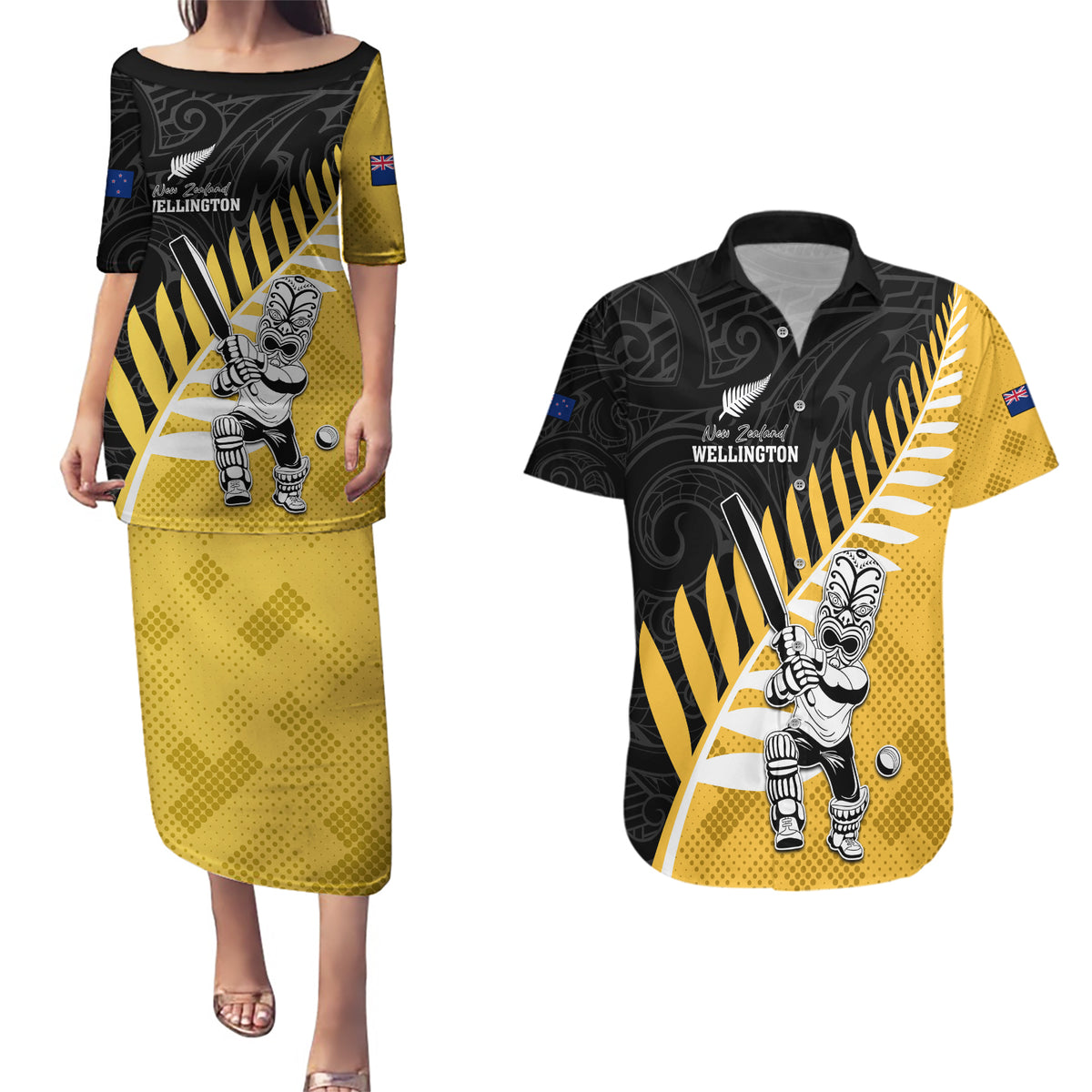 Custom New Zealand Wellington Cricket Couples Matching Puletasi and Hawaiian Shirt With Maori Pattern LT05 Yellow - Polynesian Pride