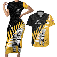 Custom New Zealand Wellington Cricket Couples Matching Short Sleeve Bodycon Dress and Hawaiian Shirt With Maori Pattern LT05 Yellow - Polynesian Pride