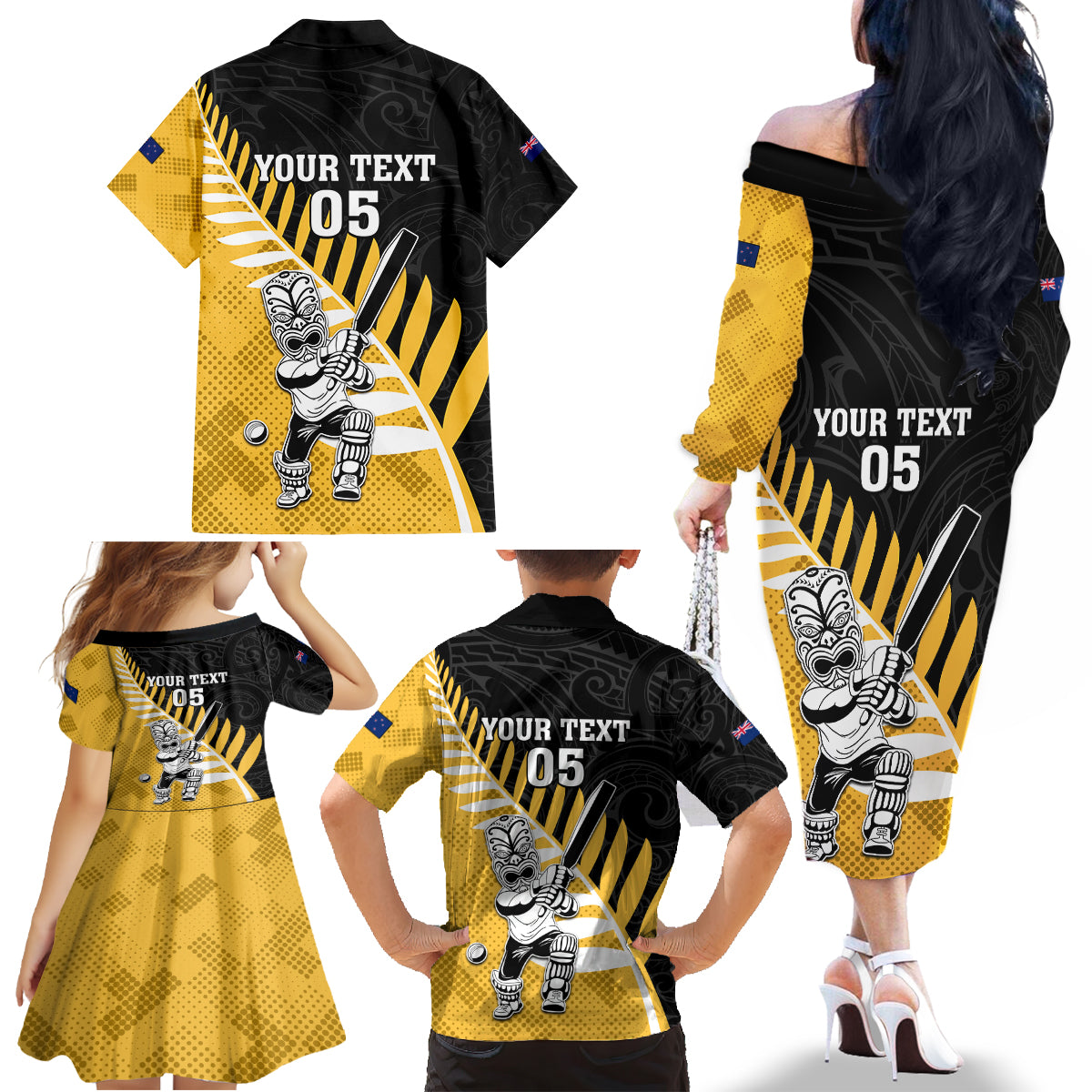 Custom New Zealand Wellington Cricket Family Matching Off The Shoulder Long Sleeve Dress and Hawaiian Shirt With Maori Pattern LT05 - Polynesian Pride