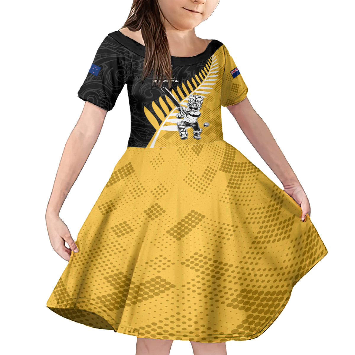 Custom New Zealand Wellington Cricket Family Matching Off Shoulder Maxi Dress and Hawaiian Shirt With Maori Pattern LT05 Daughter's Dress Yellow - Polynesian Pride