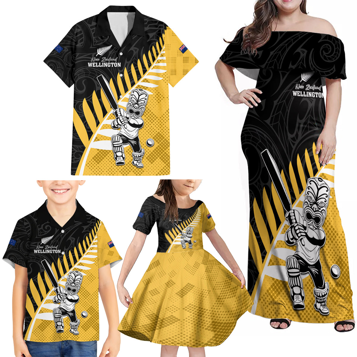 Custom New Zealand Wellington Cricket Family Matching Off Shoulder Maxi Dress and Hawaiian Shirt With Maori Pattern LT05 - Polynesian Pride