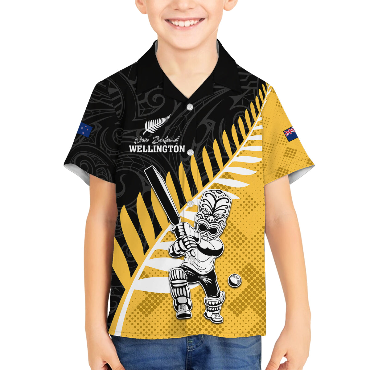Custom New Zealand Wellington Cricket Family Matching Off Shoulder Short Dress and Hawaiian Shirt With Maori Pattern LT05 Son's Shirt Yellow - Polynesian Pride