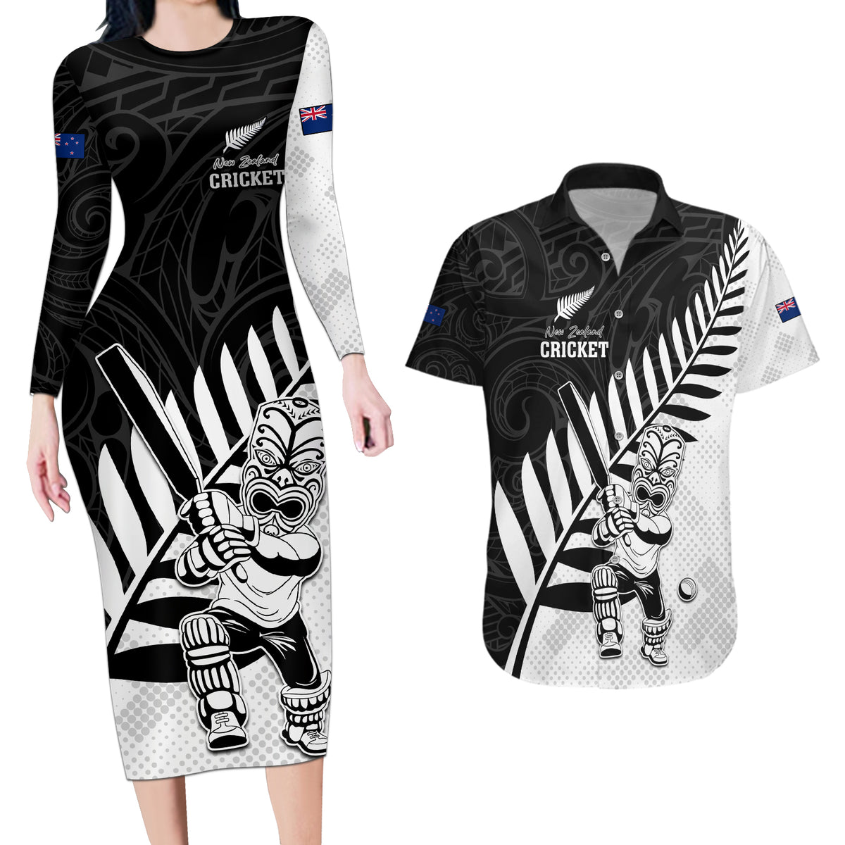 Custom New Zealand Cricket Couples Matching Long Sleeve Bodycon Dress and Hawaiian Shirt With Maori Pattern LT05 Black - Polynesian Pride