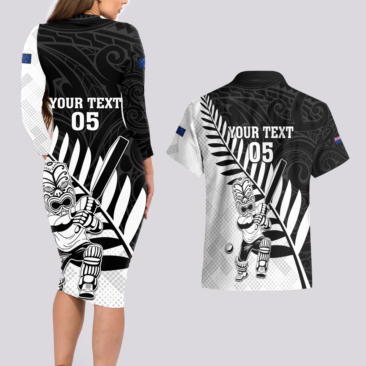 Custom New Zealand Cricket Couples Matching Long Sleeve Bodycon Dress and Hawaiian Shirt With Maori Pattern LT05 - Polynesian Pride