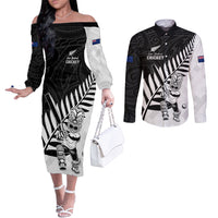 Custom New Zealand Cricket Couples Matching Off The Shoulder Long Sleeve Dress and Long Sleeve Button Shirt With Maori Pattern LT05 Black - Polynesian Pride