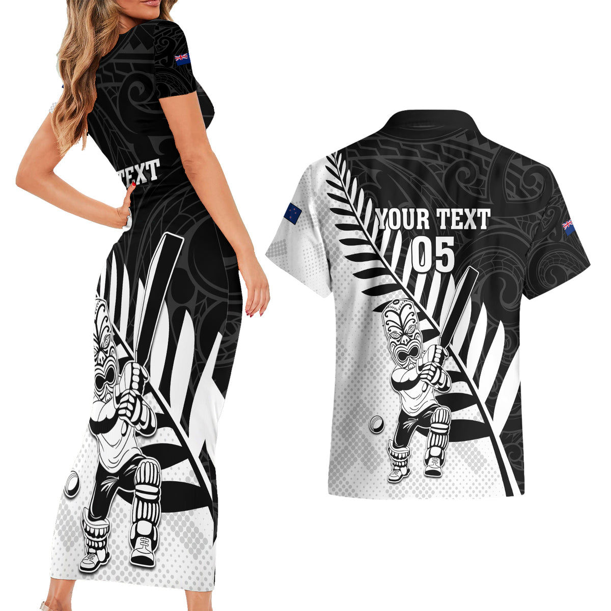 Custom New Zealand Cricket Couples Matching Short Sleeve Bodycon Dress and Hawaiian Shirt With Maori Pattern LT05 - Polynesian Pride