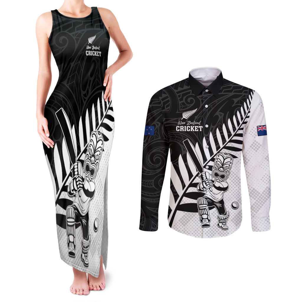 Custom New Zealand Cricket Couples Matching Tank Maxi Dress and Long Sleeve Button Shirt With Maori Pattern LT05 Black - Polynesian Pride