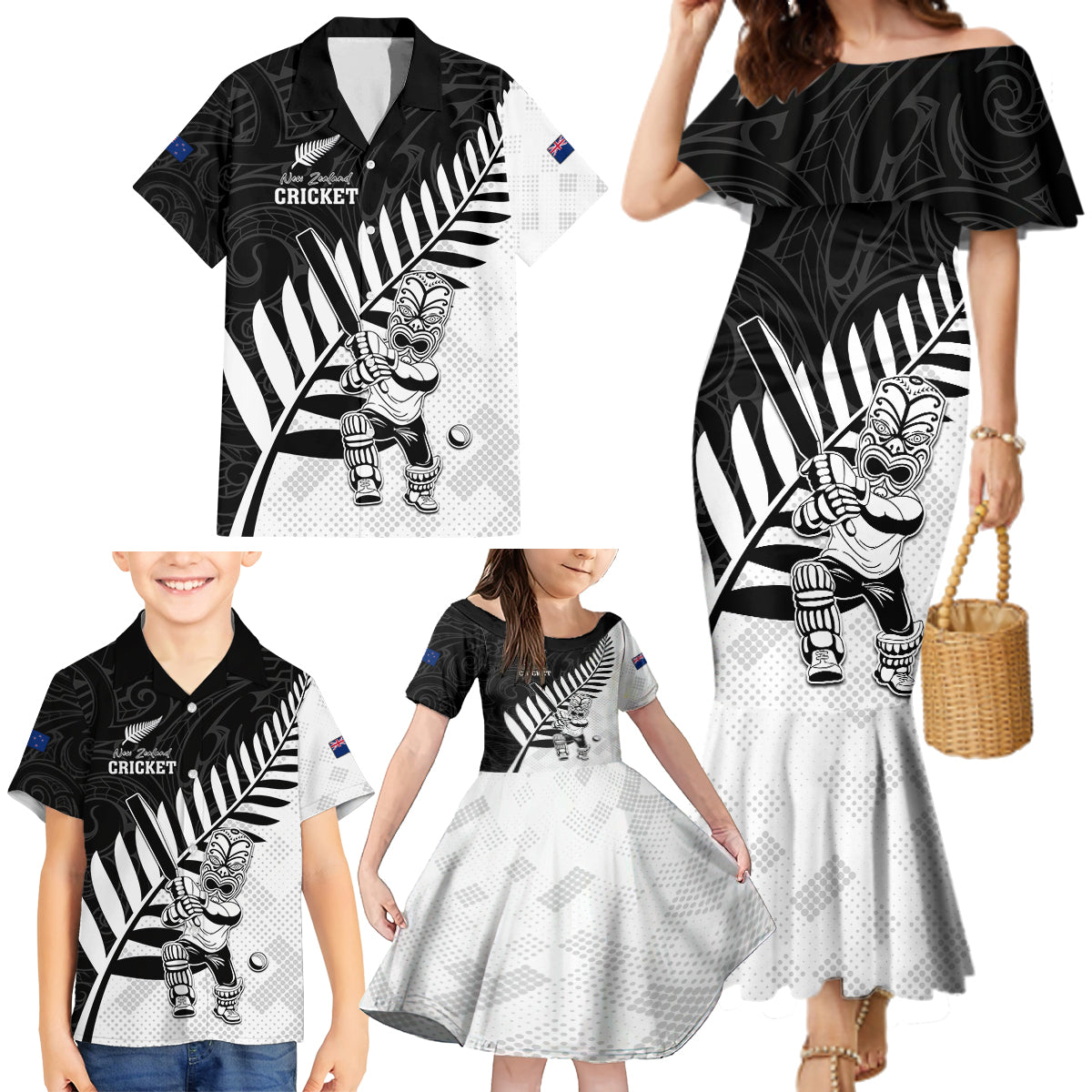 Custom New Zealand Cricket Family Matching Mermaid Dress and Hawaiian Shirt With Maori Pattern LT05 - Polynesian Pride