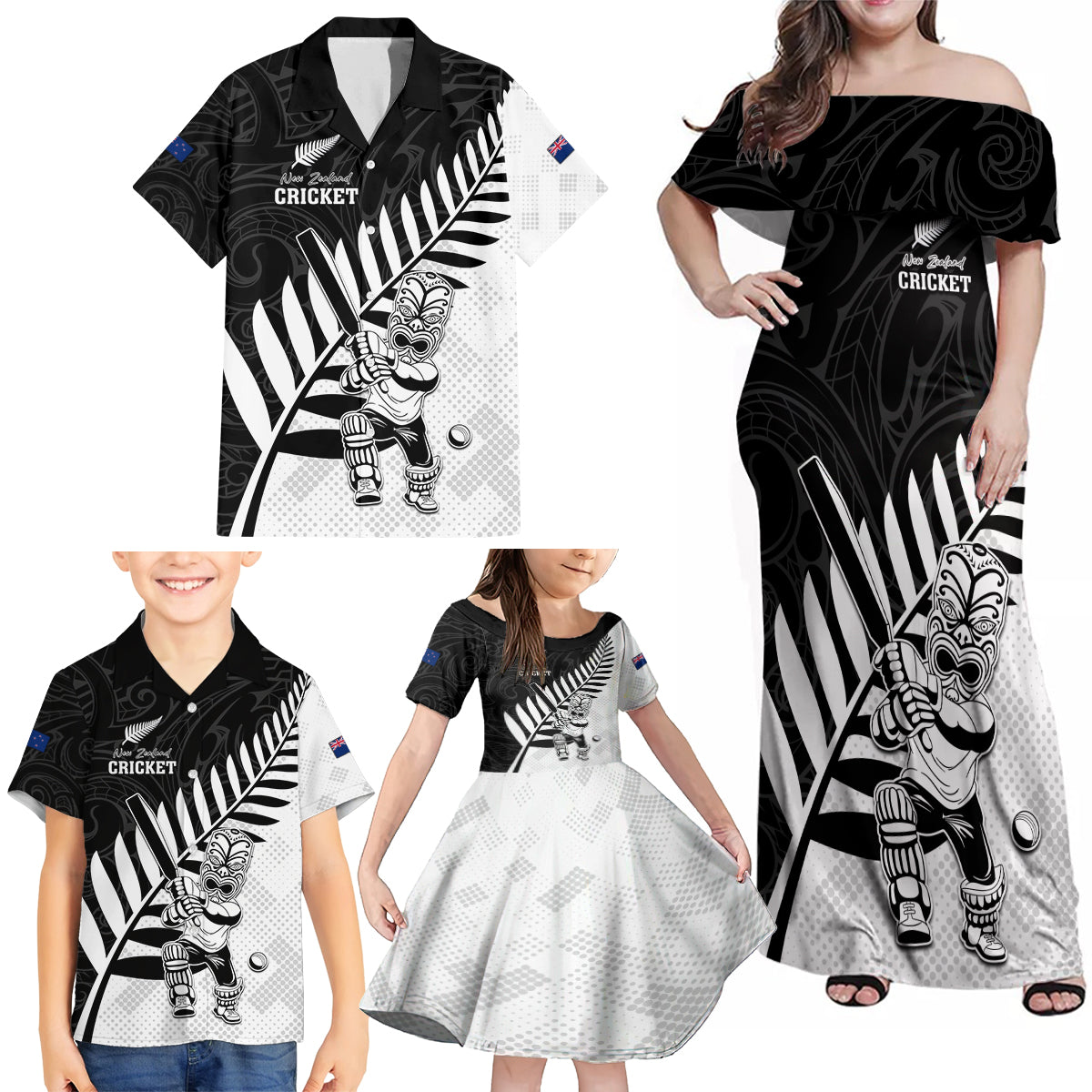 Custom New Zealand Cricket Family Matching Off Shoulder Maxi Dress and Hawaiian Shirt With Maori Pattern LT05 - Polynesian Pride