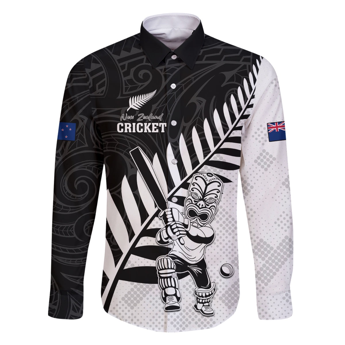 Custom New Zealand Cricket Family Matching Off Shoulder Short Dress and Hawaiian Shirt With Maori Pattern LT05 Dad's Shirt - Long Sleeve Black - Polynesian Pride