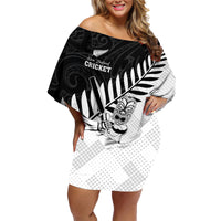 Custom New Zealand Cricket Family Matching Off Shoulder Short Dress and Hawaiian Shirt With Maori Pattern LT05 Mom's Dress Black - Polynesian Pride